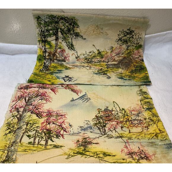 2 ANTIQUE CHINESE EXPORT Silk FABRIC PICTURES Needlepoint LANDSCAPE SCENE - Picture 2 of 4